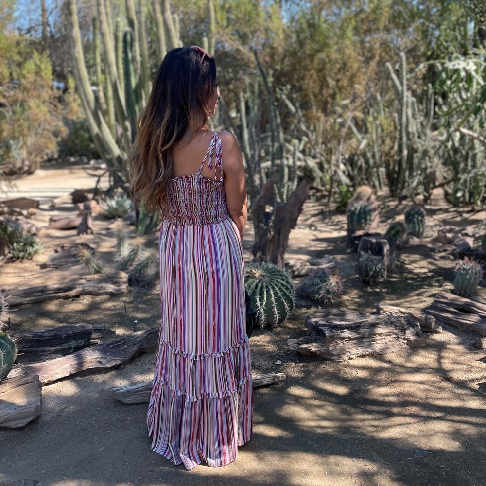 Colorful Striped Smocked Maxi Boho Ruffle Dress - Picture 2 of 8